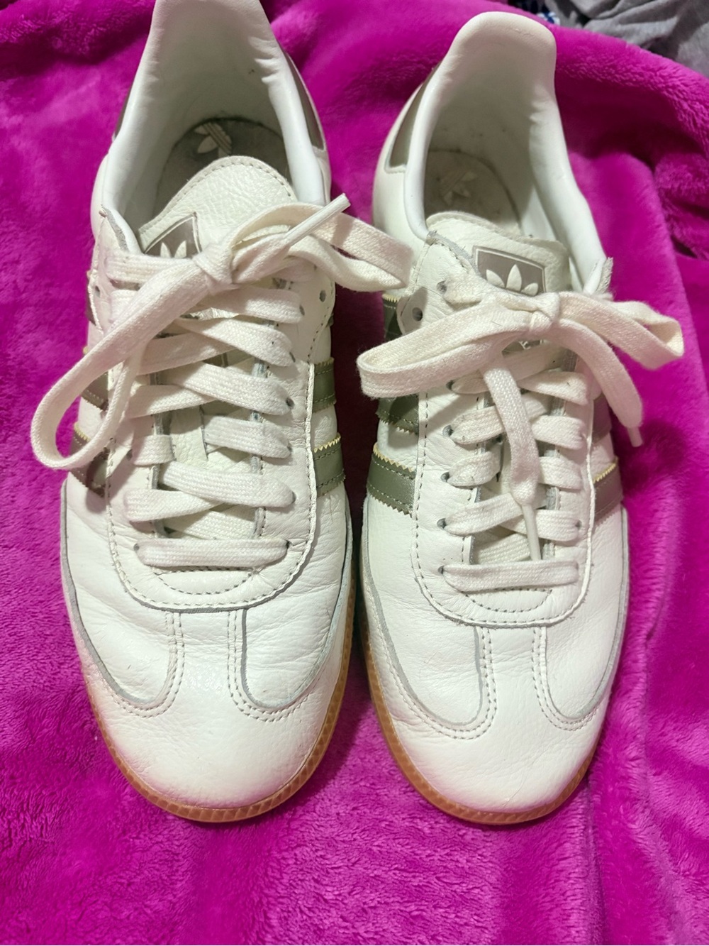 Adidas Women’s Off  White Leather Sneakers with Gold Stripes